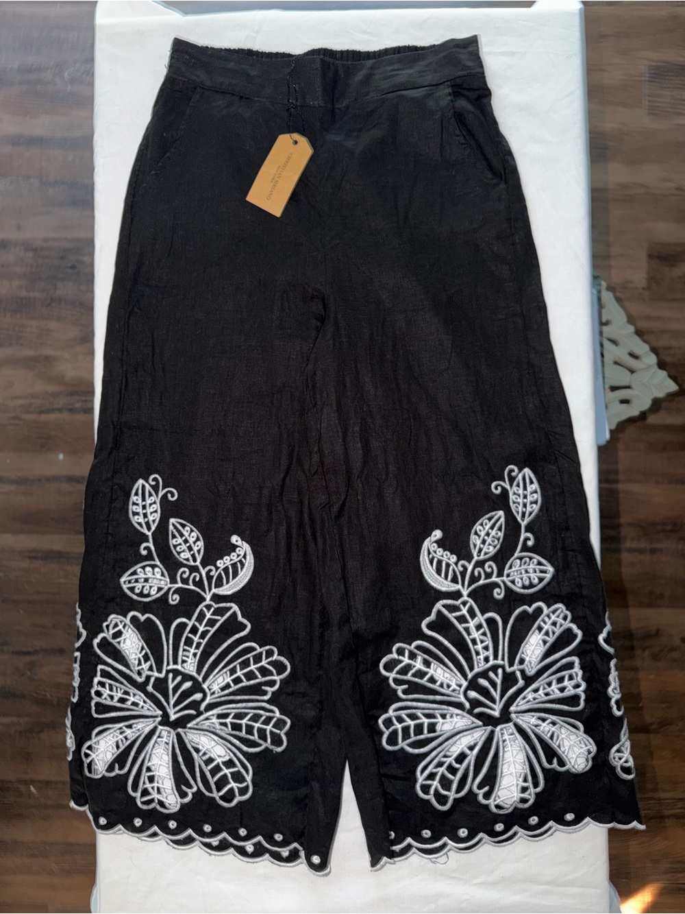Christian Siriano Wide Leg Linen Pants with White Floral Embroidery Detail